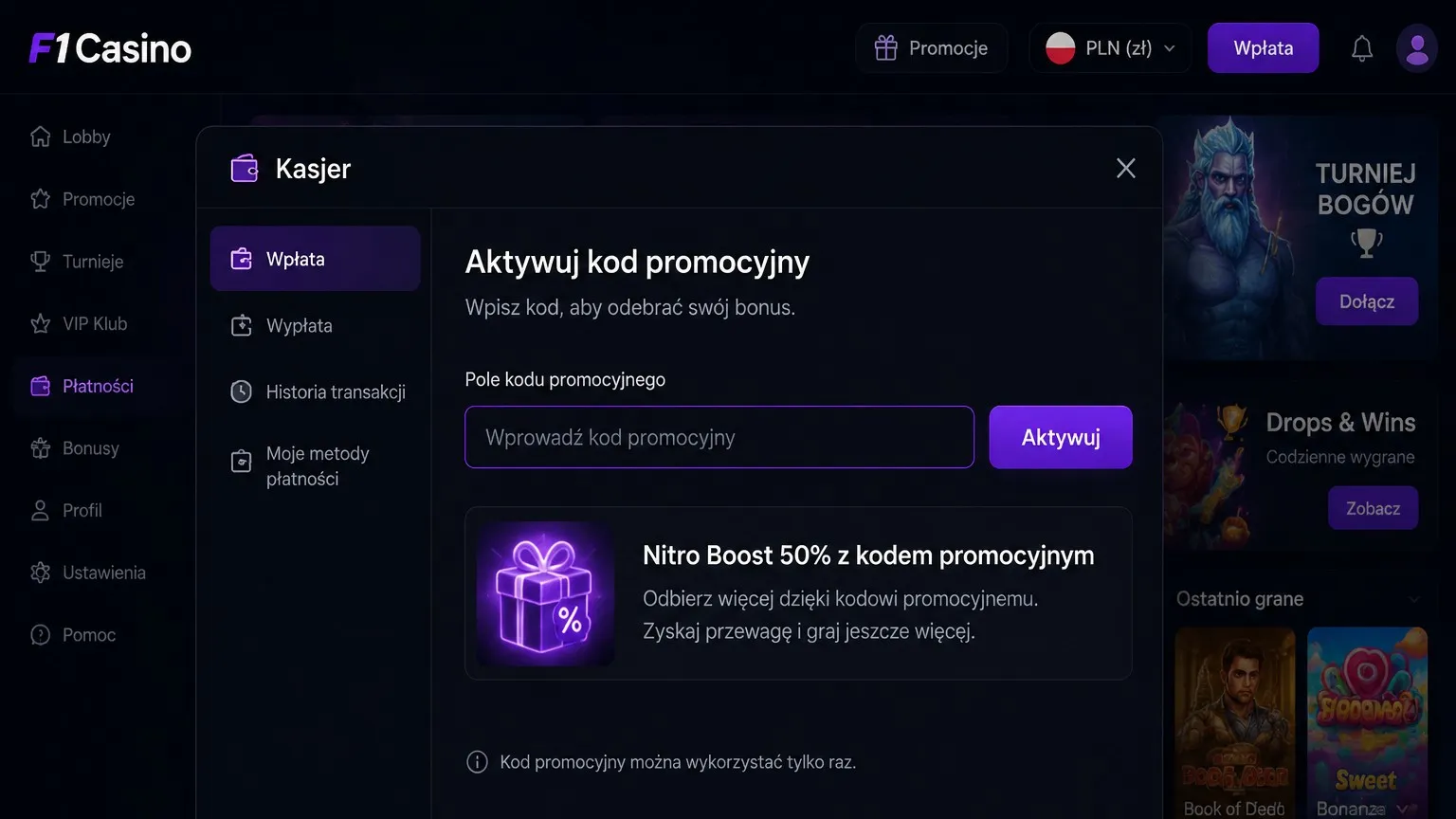 F1 Casino kod promocyjny i jak go wprowadzić