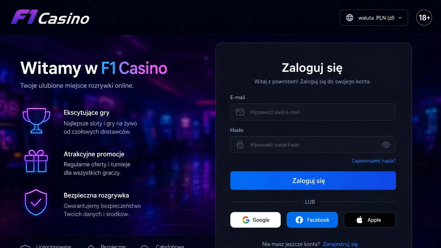 Dostępne metody logowania w F1 Casino
